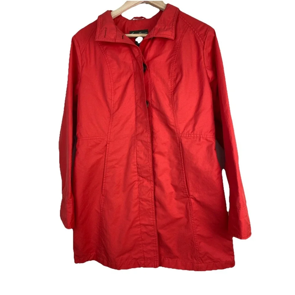 Eddie Bauer Women's M Red Cotton Nylon Blend Lined Button Up Mid-Length Coat